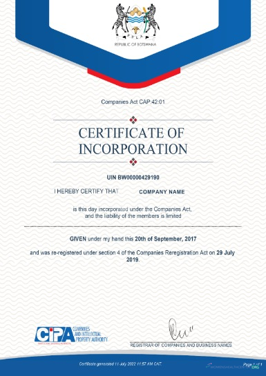 Download Botswana Certificate of Incorporation Photoshop template